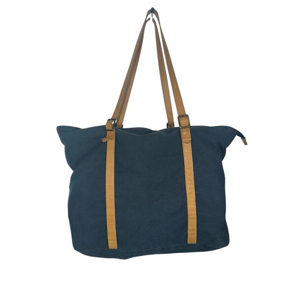 Hearth & Hand with Magnolia Canvas Tote Bag Navy with Tan Straps Large Carryall - Picture 1 of 13